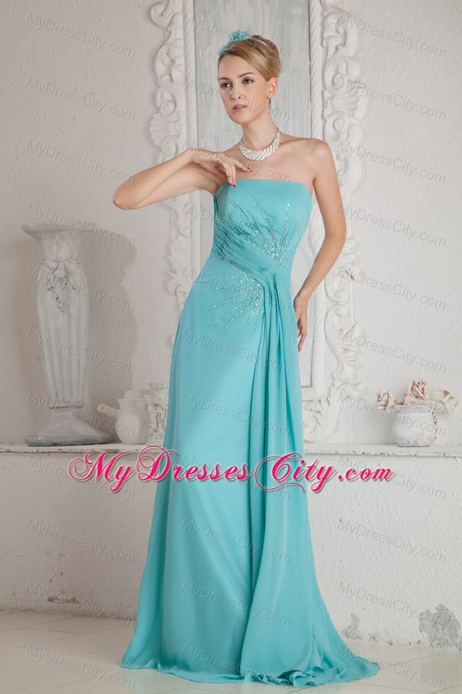 Strapless Aqua Blue Chiffon Prom Dress Brush Train Beaded