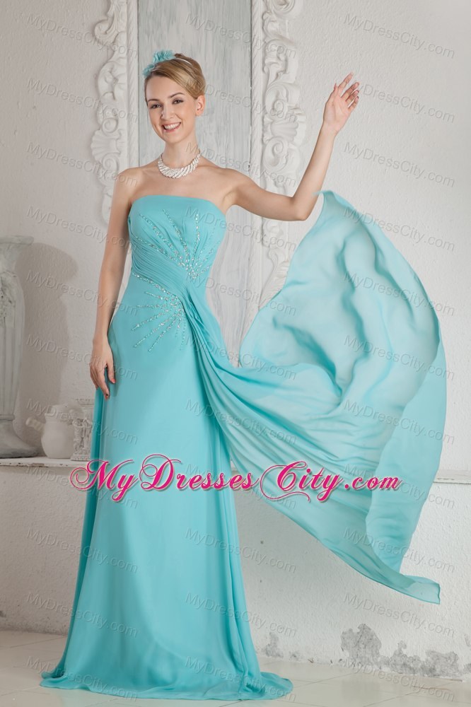 Strapless Aqua Blue Chiffon Prom Dress Brush Train Beaded