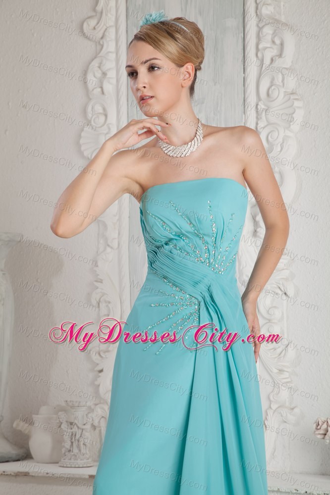 Strapless Aqua Blue Chiffon Prom Dress Brush Train Beaded