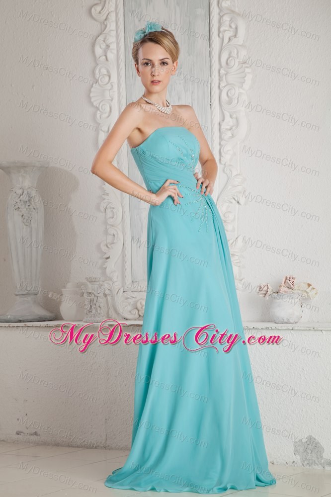 Strapless Aqua Blue Chiffon Prom Dress Brush Train Beaded