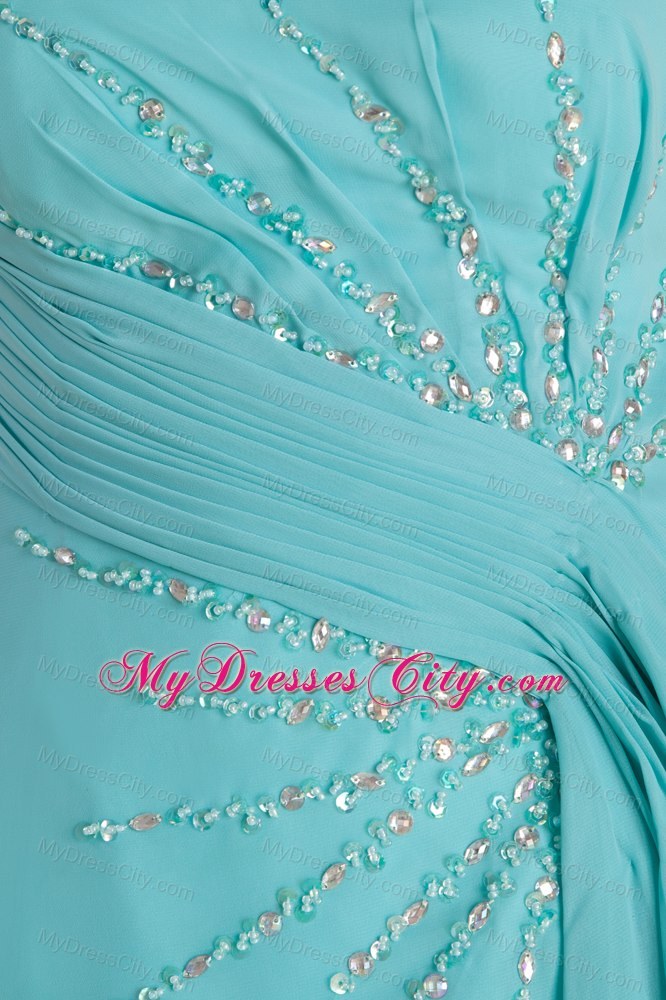 Strapless Aqua Blue Chiffon Prom Dress Brush Train Beaded