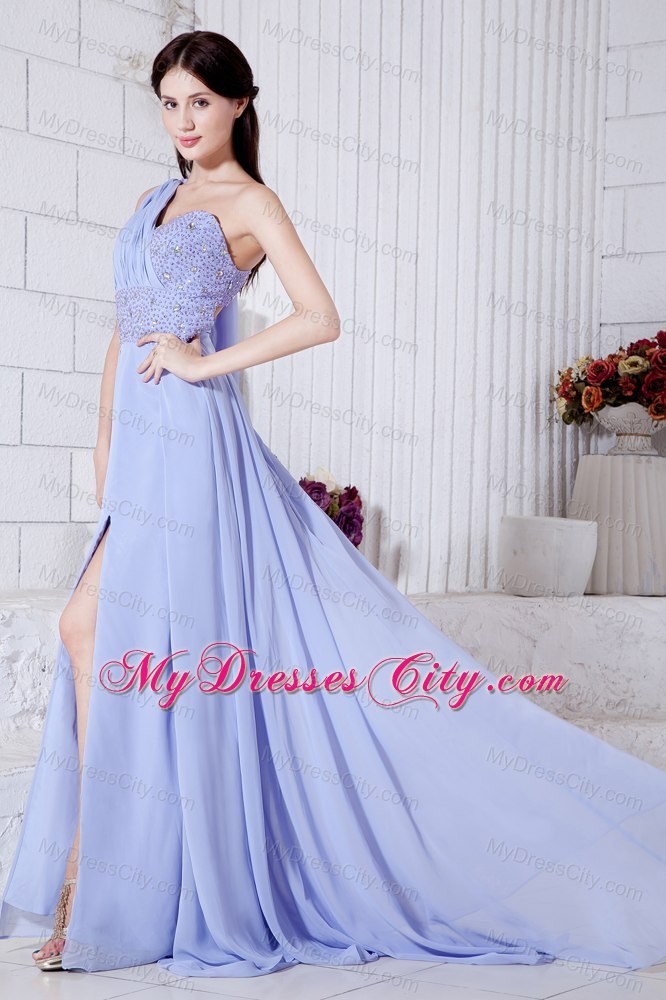 One Shoulder Lilac Chiffon Watteau Train High Slit Prom Dress