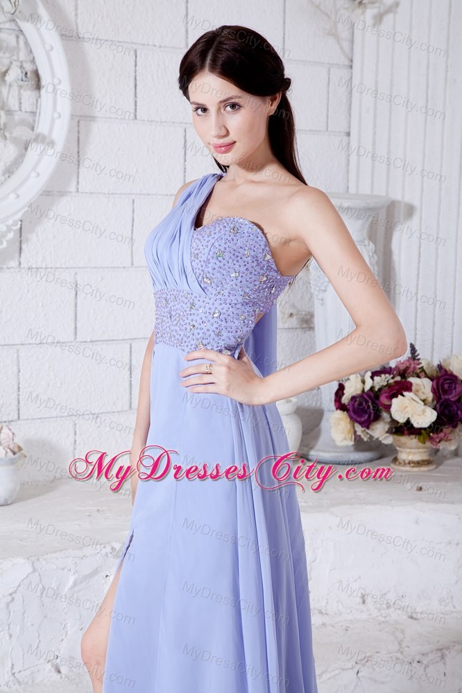 One Shoulder Lilac Chiffon Watteau Train High Slit Prom Dress