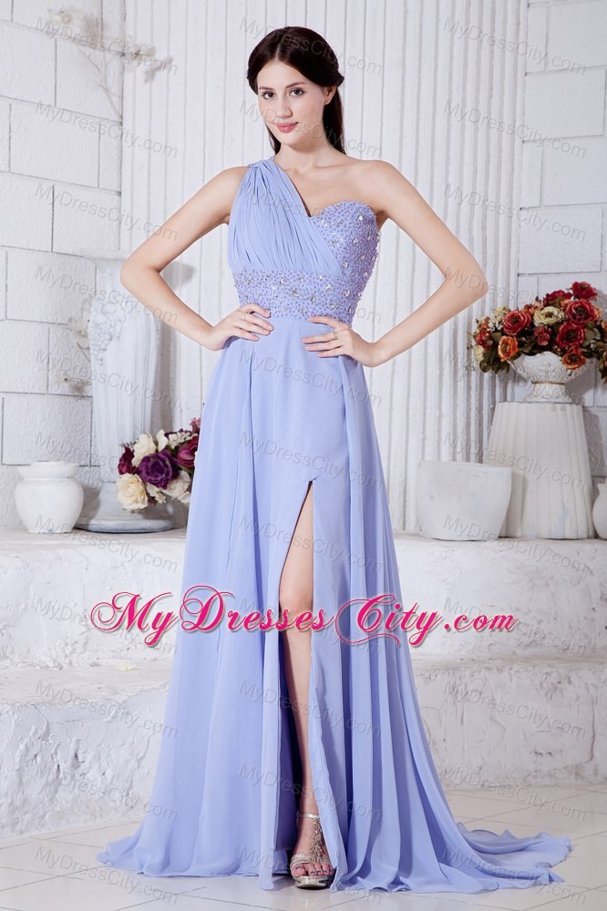 One Shoulder Lilac Chiffon Watteau Train High Slit Prom Dress