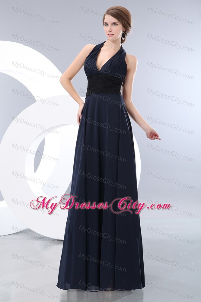 Halter Navy Blue Chiffon Empire Prom Dress with Lace Sash