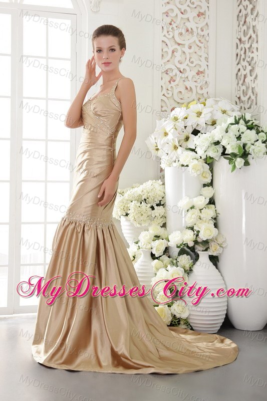 Mermaid Champagne Taffeta Beaded Prom Dress with Brush Train