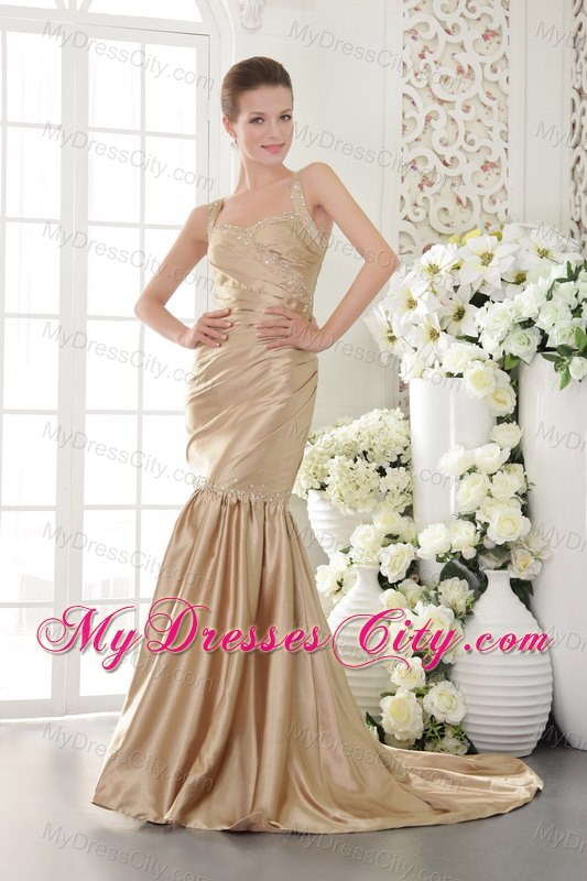 Mermaid Champagne Taffeta Beaded Prom Dress with Brush Train