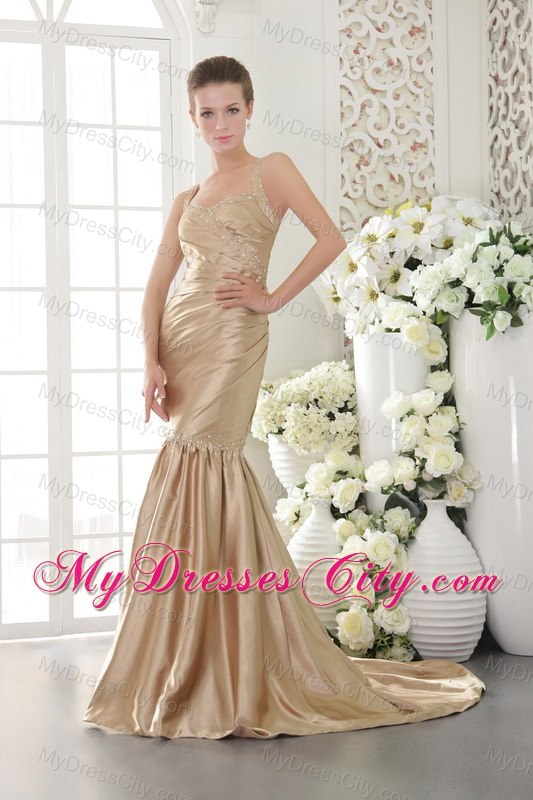 Mermaid Champagne Taffeta Beaded Prom Dress with Brush Train