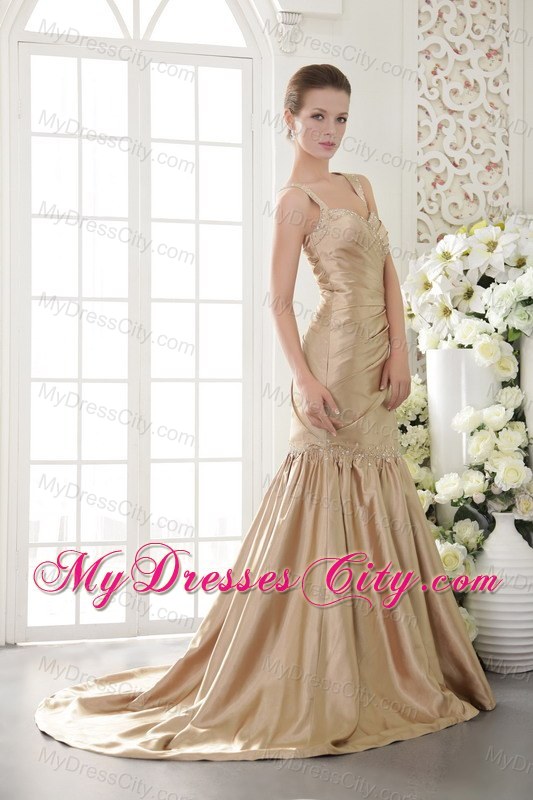 Mermaid Champagne Taffeta Beaded Prom Dress with Brush Train