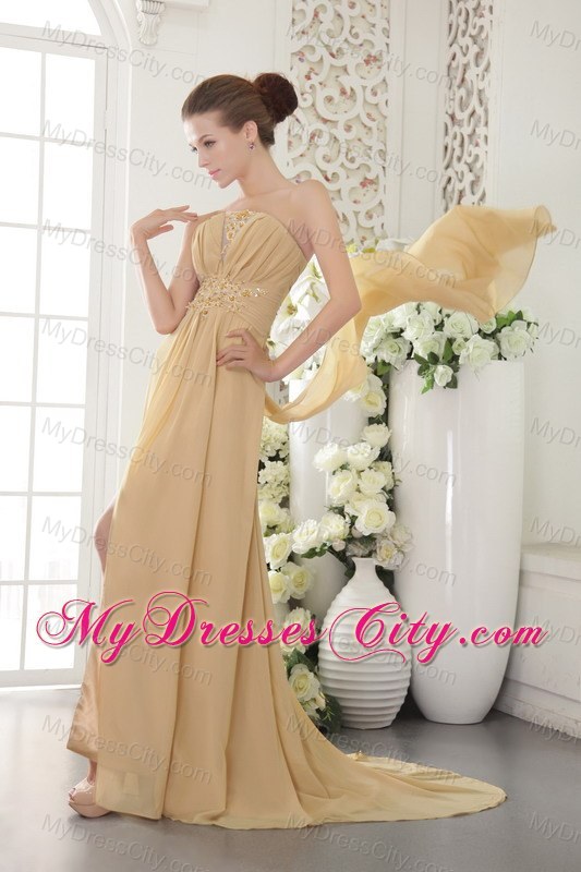 High Slit Brush Train Appliques and Ruching Gold Chiffon Prom Dresses