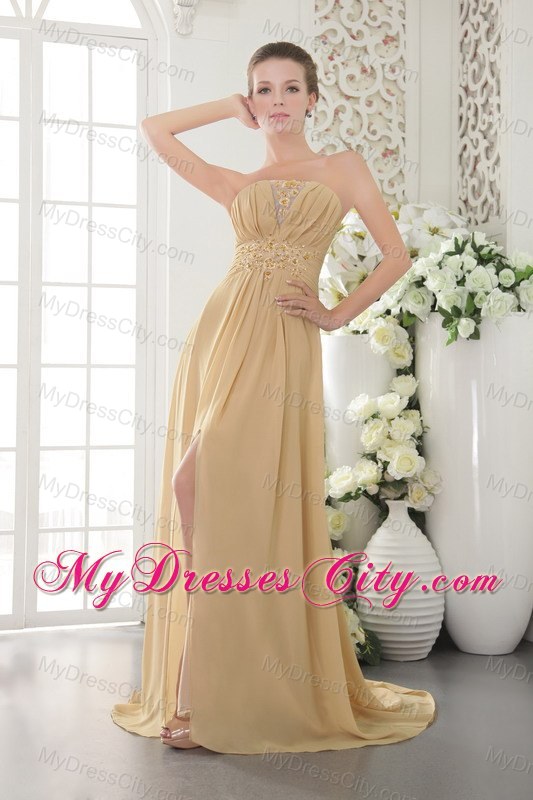 High Slit Brush Train Appliques and Ruching Gold Chiffon Prom Dresses