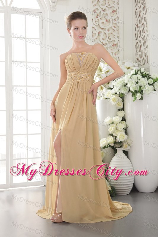 High Slit Brush Train Appliques and Ruching Gold Chiffon Prom Dresses