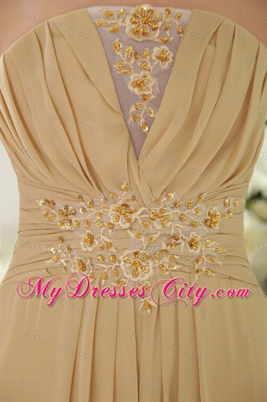 High Slit Brush Train Appliques and Ruching Gold Chiffon Prom Dresses