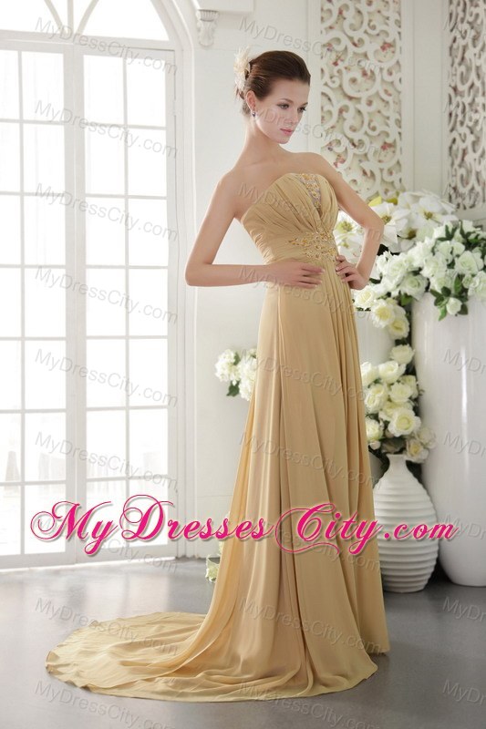 High Slit Brush Train Appliques and Ruching Gold Chiffon Prom Dresses