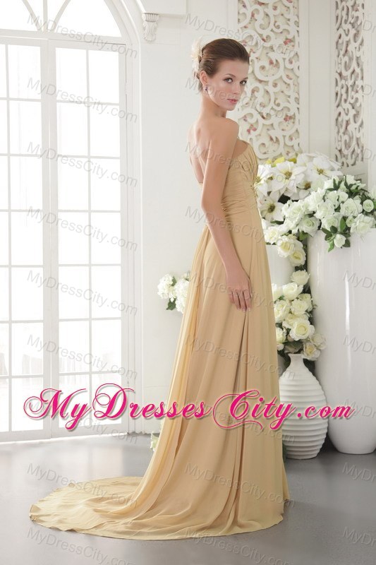 High Slit Brush Train Appliques and Ruching Gold Chiffon Prom Dresses