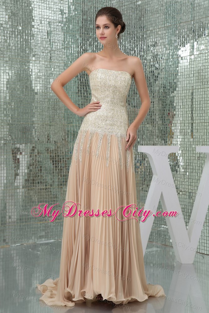 Affordable Sequins Pleats Empire Champagne Prom Dress With Brush Train