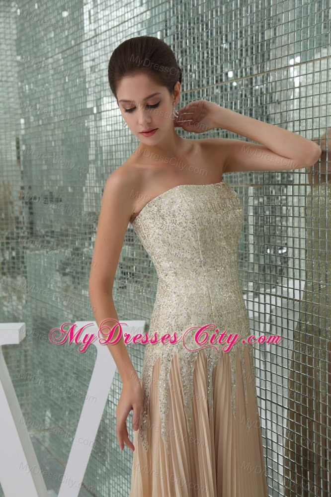 Affordable Sequins Pleats Empire Champagne Prom Dress With Brush Train