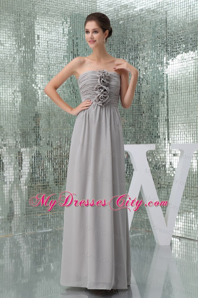 Flowers Strapless Ruching Empire Chiffon Gray Prom Dress for Girls