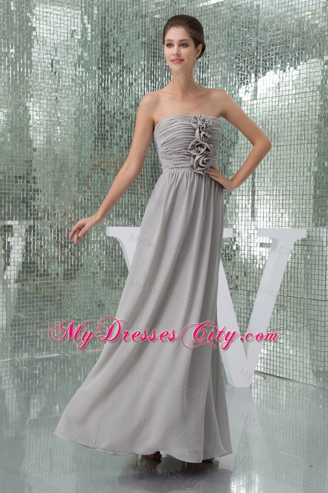 Flowers Strapless Ruching Empire Chiffon Gray Prom Dress for Girls