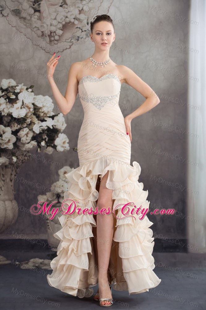 High Slit Beaded Ruffled Layers Ankle-length 2013 Champagne Prom Dress