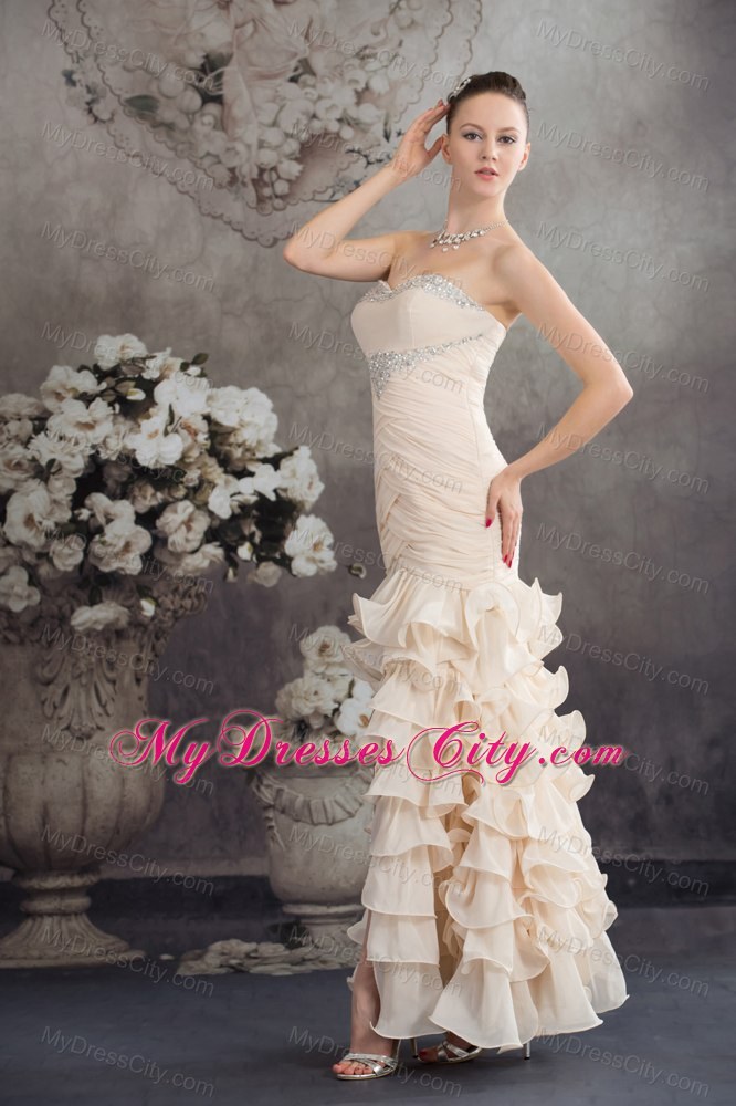 High Slit Beaded Ruffled Layers Ankle-length 2013 Champagne Prom Dress