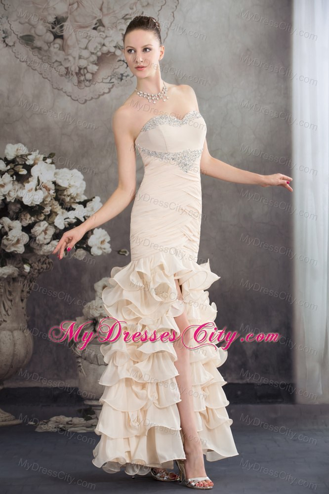 High Slit Beaded Ruffled Layers Ankle-length 2013 Champagne Prom Dress