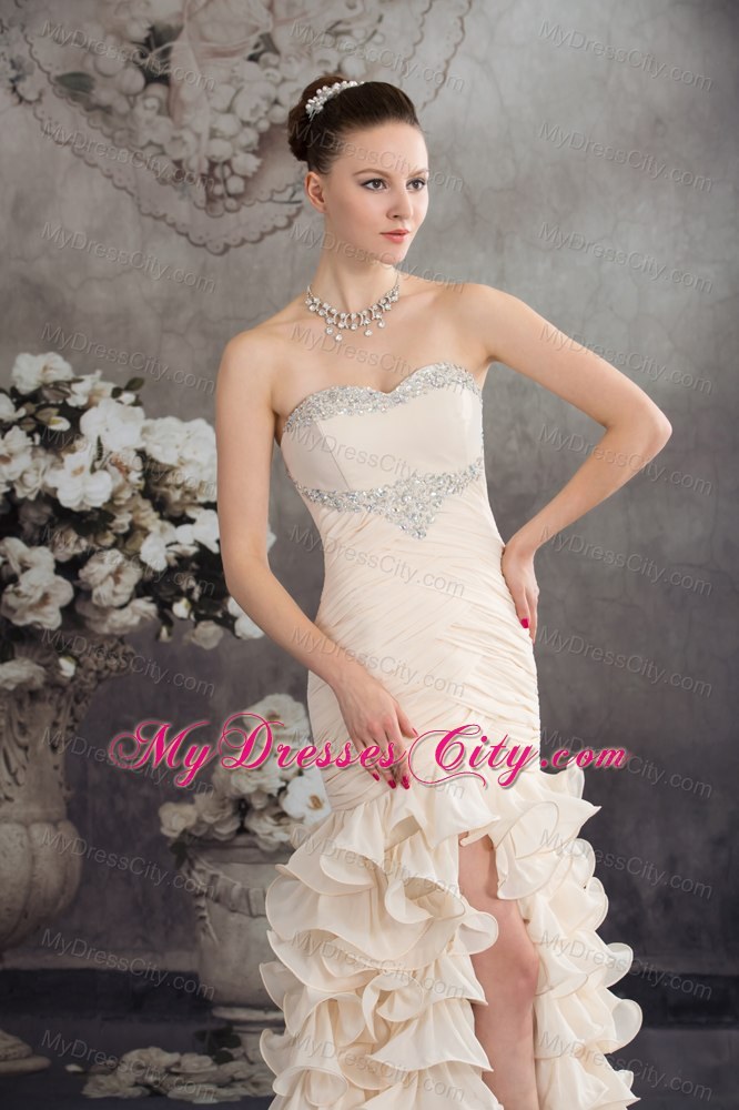 High Slit Beaded Ruffled Layers Ankle-length 2013 Champagne Prom Dress