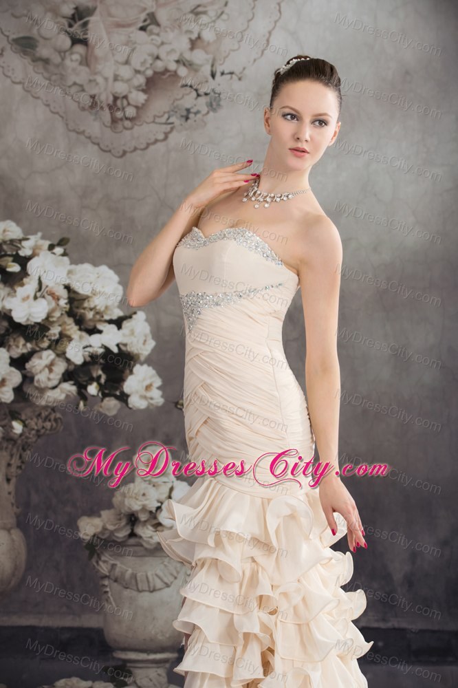 High Slit Beaded Ruffled Layers Ankle-length 2013 Champagne Prom Dress