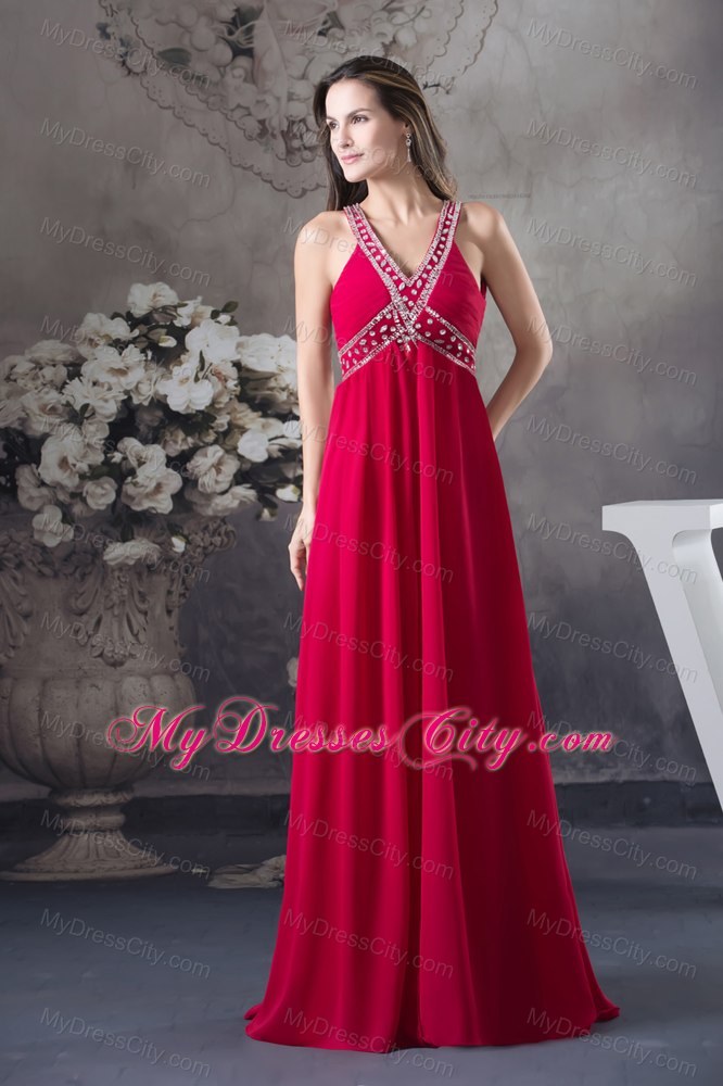 Red Empire V-neck Beaded long Criss Cross Prom Dress For Women