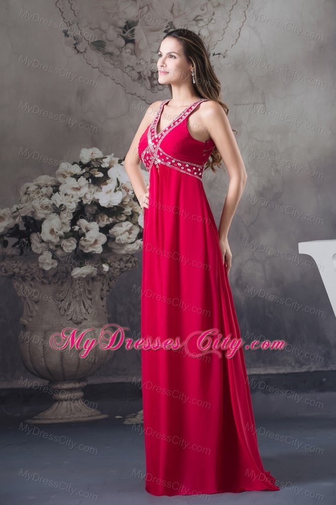 Red Empire V-neck Beaded long Criss Cross Prom Dress For Women