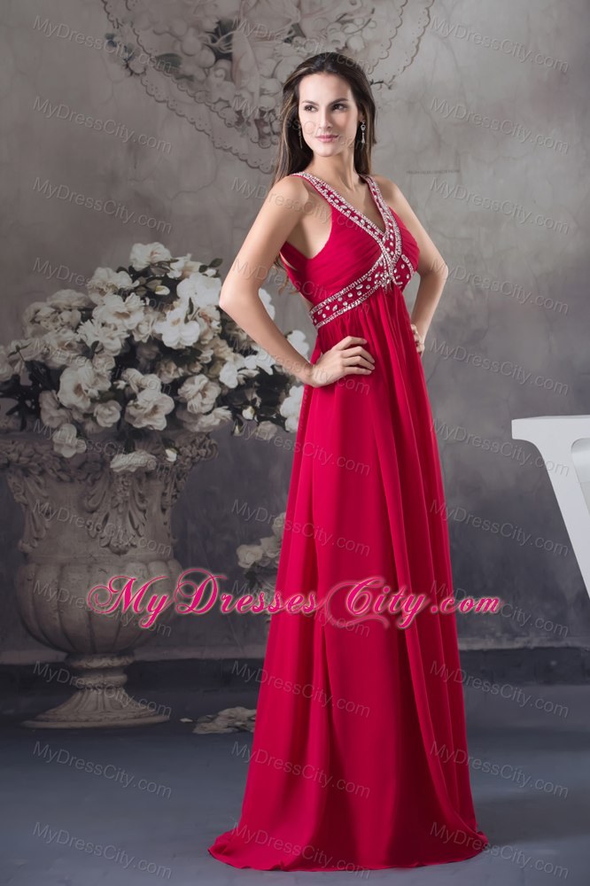 Red Empire V-neck Beaded long Criss Cross Prom Dress For Women