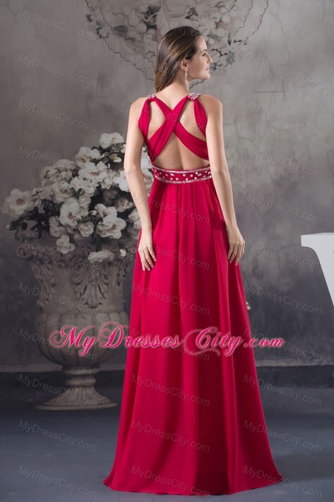 Red Empire V-neck Beaded long Criss Cross Prom Dress For Women