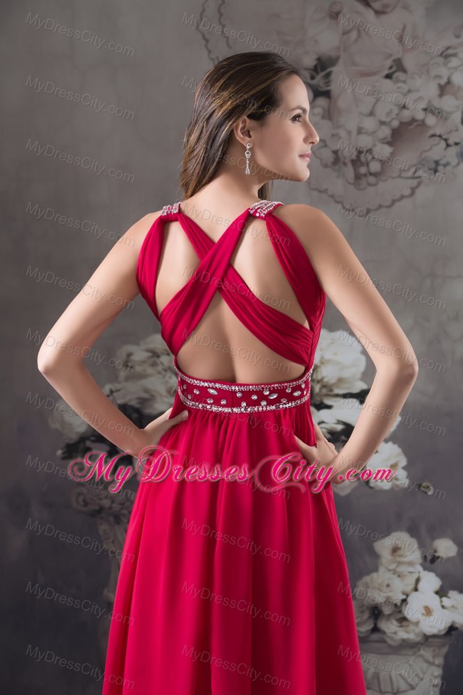 Red Empire V-neck Beaded long Criss Cross Prom Dress For Women