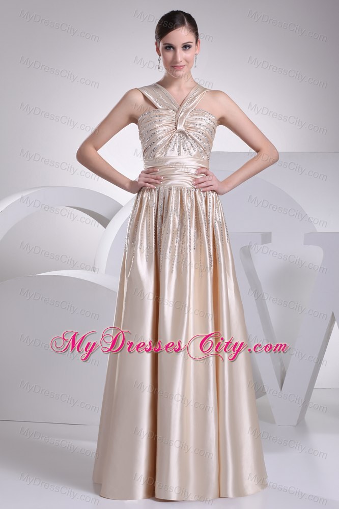 Champagne V-neck Straps Beaded Satin Empire Prom Dress