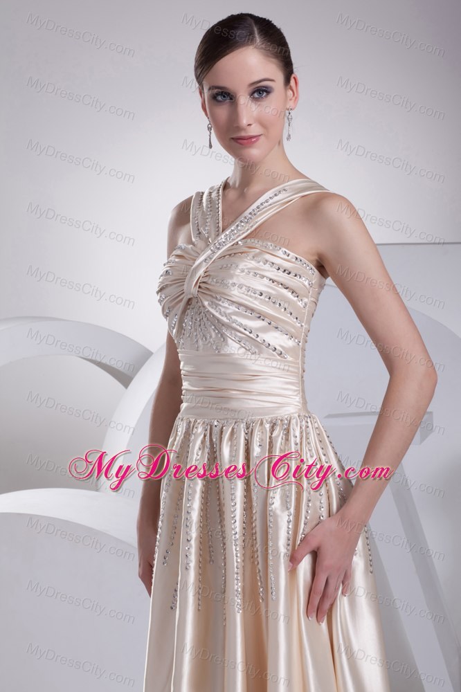 Champagne V-neck Straps Beaded Satin Empire Prom Dress