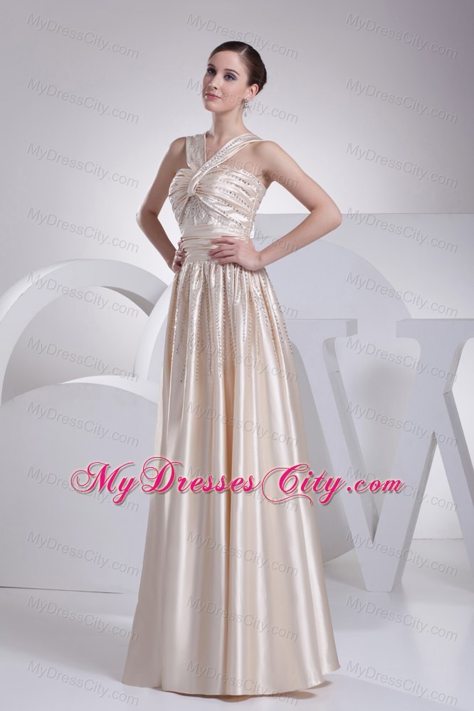 Champagne V-neck Straps Beaded Satin Empire Prom Dress