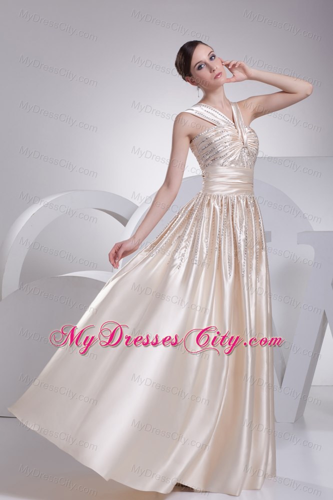 Champagne V-neck Straps Beaded Satin Empire Prom Dress