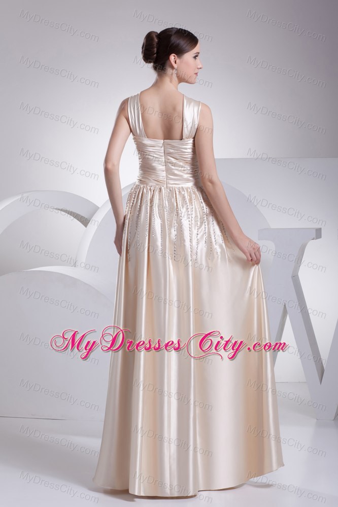 Champagne V-neck Straps Beaded Satin Empire Prom Dress