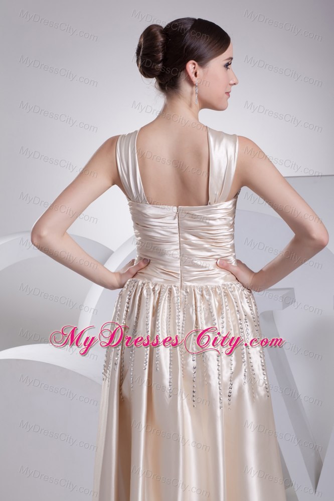 Champagne V-neck Straps Beaded Satin Empire Prom Dress