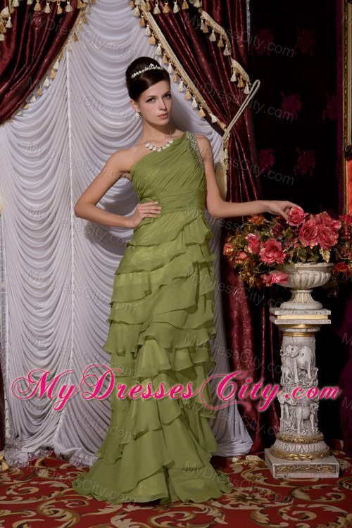 One Shoulder Beaded Chiffon Ruffled Layers Olive Green Prom Dress