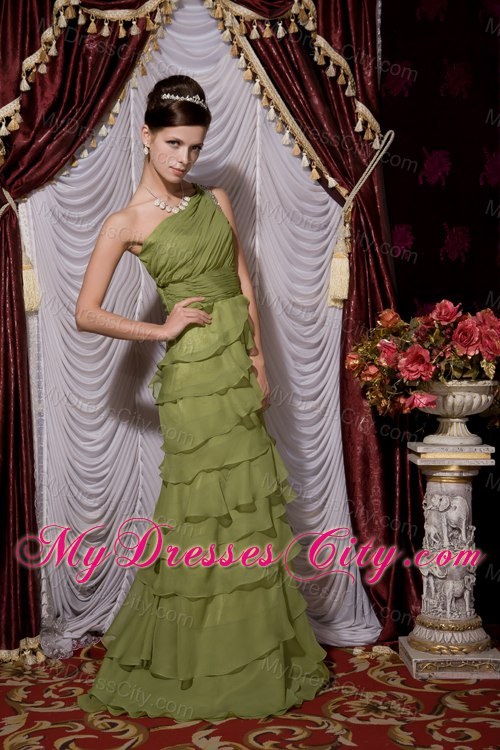 One Shoulder Beaded Chiffon Ruffled Layers Olive Green Prom Dress