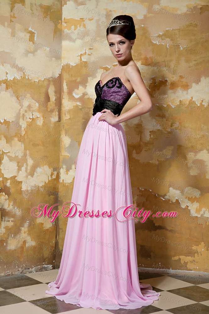 Flower Sweetheart Brush Train Chiffon Pink and Black Prom Dress