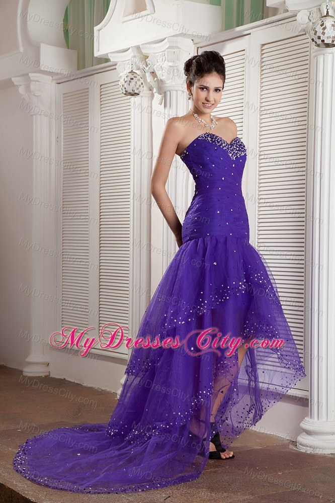 Tulle Beading Sweetheart Purple High Low Prom Dress For Cheap 7552