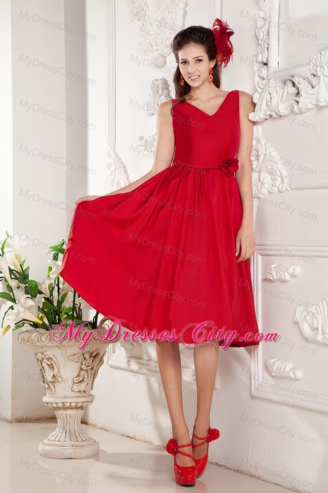 Simple V-neck Knee-length Flowers Red Prom Dress Under 100