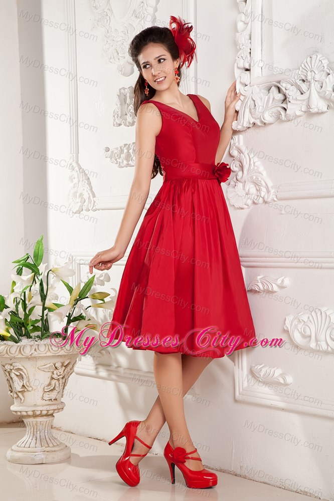 Simple V-neck Knee-length Flowers Red Prom Dress Under 100