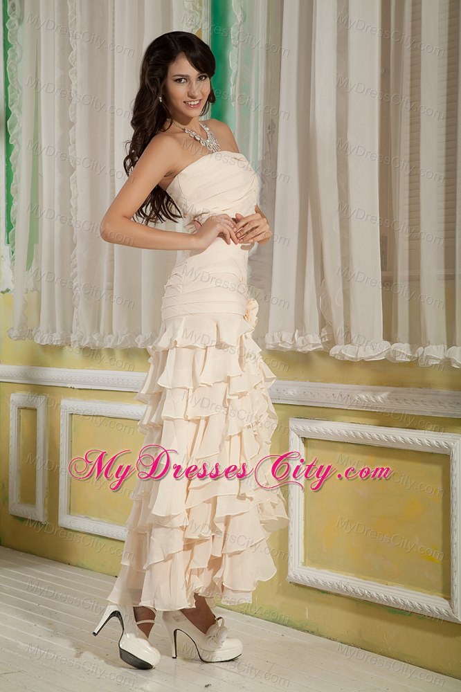 Champagne Strapless Ankle-length Chiffon Ruffles Prom Dress 2013