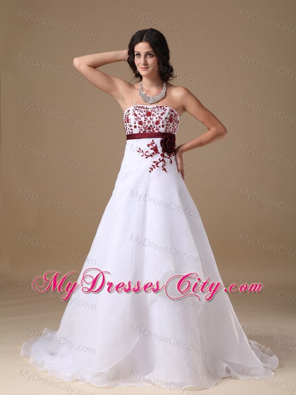 Flowers Red Embroidery A-line Strapless Brush Train Prom Dresses