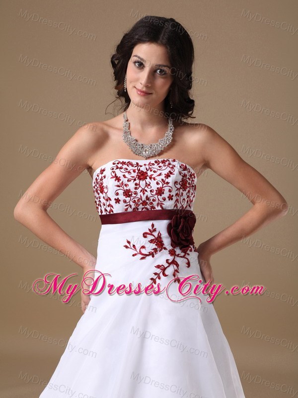 Flowers Red Embroidery A-line Strapless Brush Train Prom Dresses