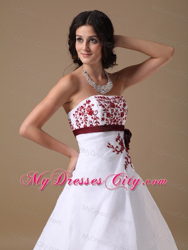 Flowers Red Embroidery A-line Strapless Brush Train Prom Dresses