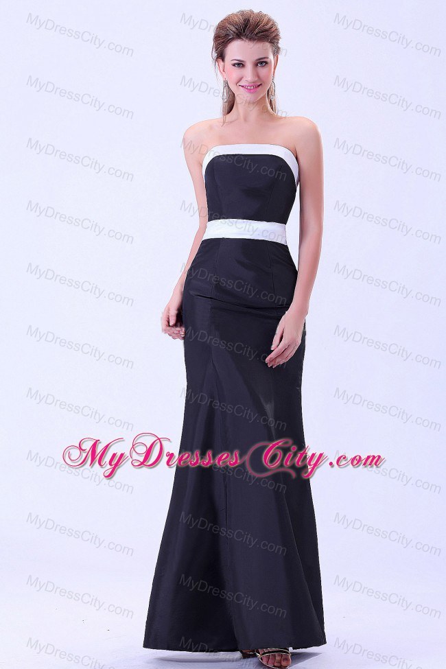 Simple Ankle-length Black Satin White Belt Bridesmaid Dress